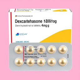A detailed depiction of a drug package, showcasing a typical drug carton with a blister pack inside