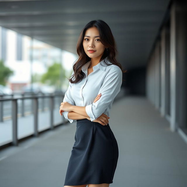 A beautiful Asian woman standing gracefully, wearing a stylish skirt and a crisp shirt