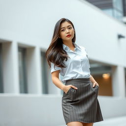 A beautiful Asian woman standing gracefully, wearing a stylish skirt and a crisp shirt