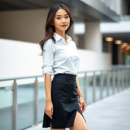 A beautiful Asian woman standing gracefully, wearing a stylish skirt and a crisp shirt