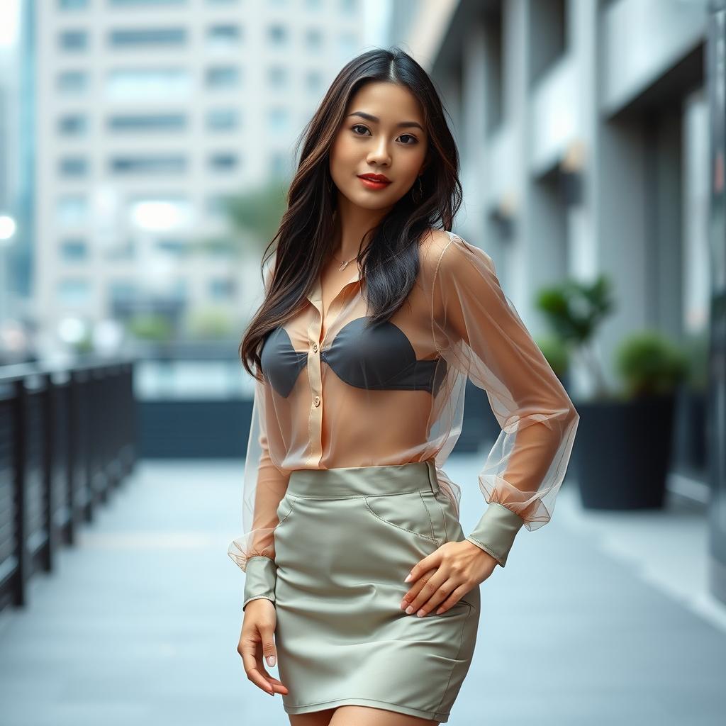 A beautiful Asian woman standing confidently, wearing a transparent shirt and a small, stylish skirt