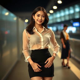 A beautiful Asian woman standing confidently, wearing a transparent shirt and a small, stylish skirt