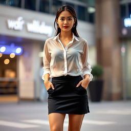 A beautiful Asian woman standing confidently, wearing a transparent shirt and a small, stylish skirt