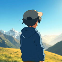 Anime boy with a blue jacket and a gray hat standing on a hill, looking at a distant mountain range