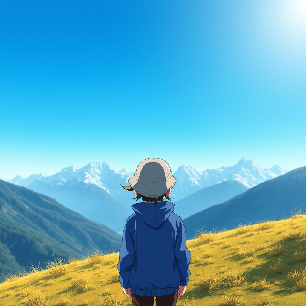 Anime boy with a blue jacket and a gray hat standing on a hill, looking at a distant mountain range