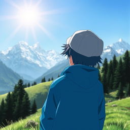 Anime boy with a blue jacket and a gray hat standing on a hill, looking at a distant mountain range