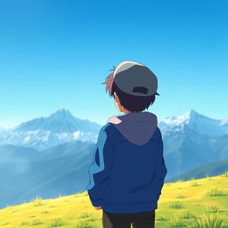 Anime boy with a blue jacket and a gray hat standing on a hill, looking at a distant mountain range