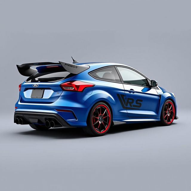 an AWD hatchback coupe inspired by the 2018 Ford Focus RS and 2017 Ford Fiesta ST, designed with a precise curb weight of 3100 lbs, a 104-inch wheelbase, and matching front and rear track widths of 63 inches