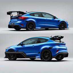 an AWD hatchback coupe inspired by the 2018 Ford Focus RS and 2017 Ford Fiesta ST, designed with a precise curb weight of 3100 lbs, a 104-inch wheelbase, and matching front and rear track widths of 63 inches