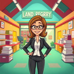 A cartoon depiction of a woman lawyer standing confidently in a colorful, animated land registry office