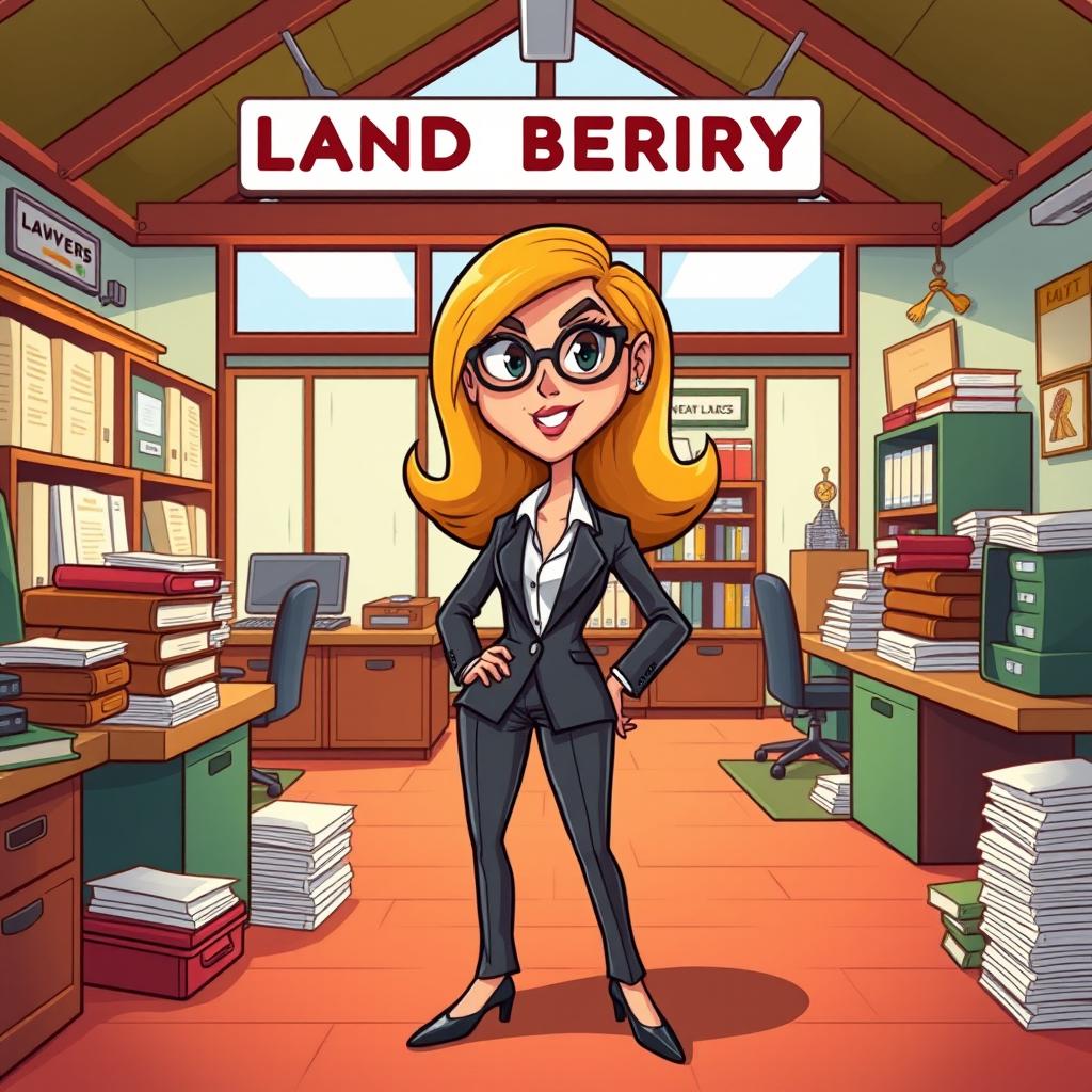 A cartoon depiction of a woman lawyer standing confidently in a colorful, animated land registry office