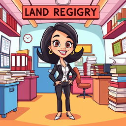 A cartoon depiction of a woman lawyer standing confidently in a colorful, animated land registry office