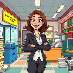 A cartoon depiction of a woman lawyer standing confidently in a colorful, animated land registry office