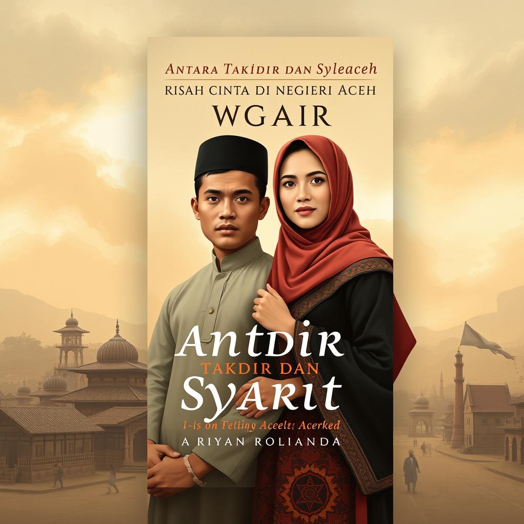 Book cover design for the novel 'Antara Takdir dan Syariat: Kisah Cinta di Negeri Aceh' by Riyan Rolianda