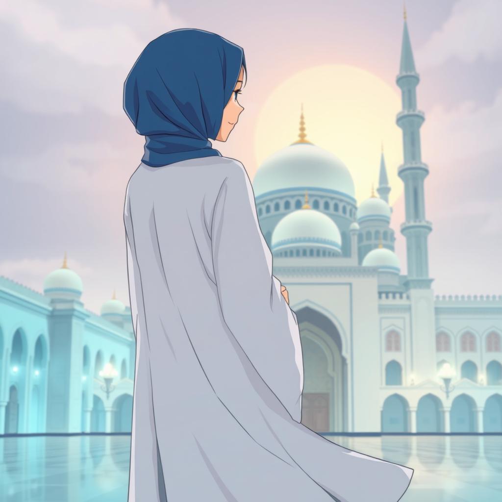 Anime-style illustration of a woman wearing a flowing white robe and a blue hijab, standing with her back partially turned as she gazes at a grand mosque in the background