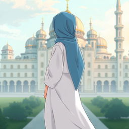 Anime-style illustration of a woman wearing a flowing white robe and a blue hijab, standing with her back partially turned as she gazes at a grand mosque in the background