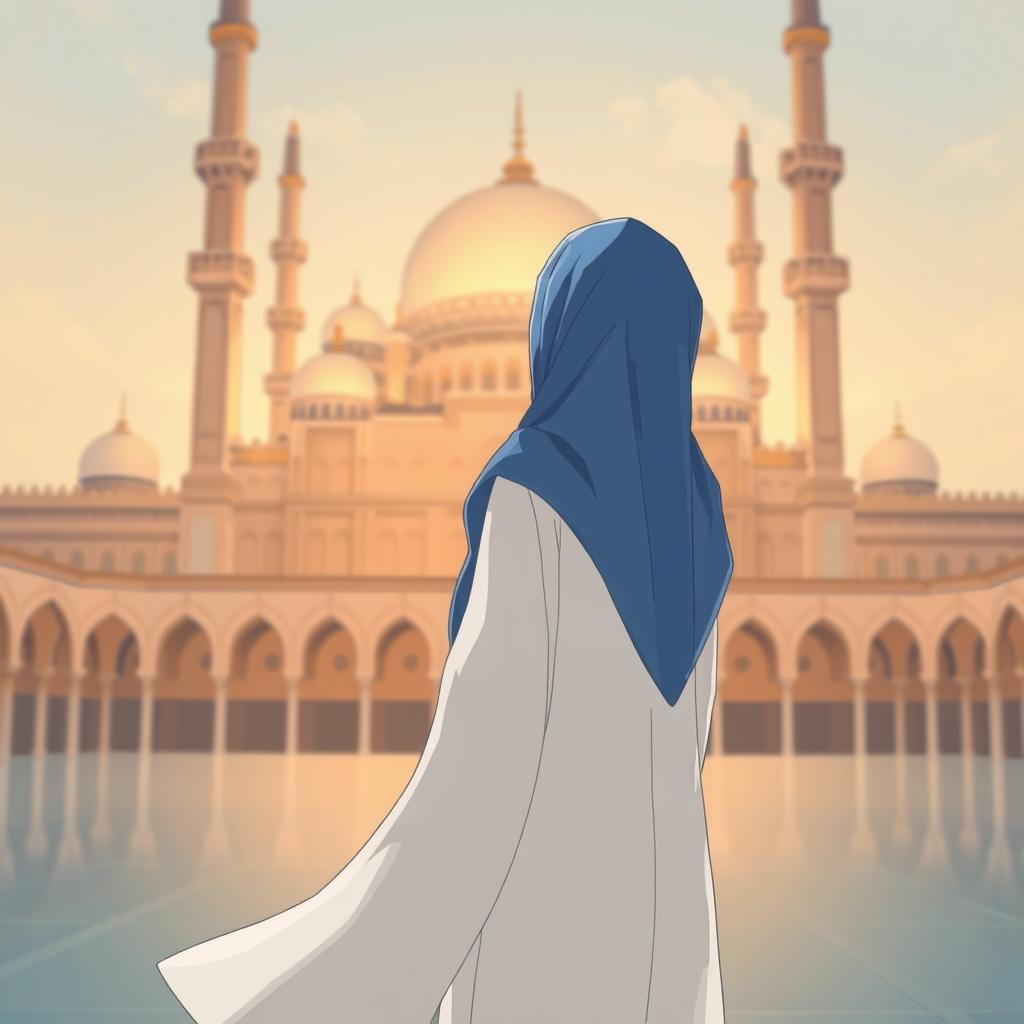 Anime-style illustration of a woman wearing a flowing white robe and a blue hijab, standing with her back partially turned as she gazes at a grand mosque in the background