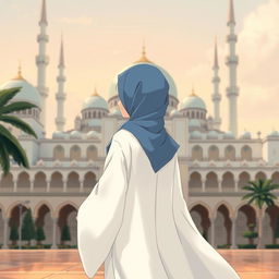 Anime-style illustration of a woman wearing a flowing white robe and a blue hijab, standing with her back partially turned as she gazes at a grand mosque in the background