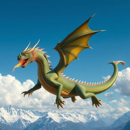 A majestic dragon soaring through a clear blue sky, its scales shimmering with iridescent shades of green and gold