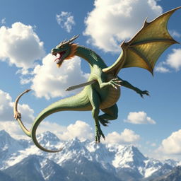 A majestic dragon soaring through a clear blue sky, its scales shimmering with iridescent shades of green and gold