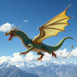 A majestic dragon soaring through a clear blue sky, its scales shimmering with iridescent shades of green and gold