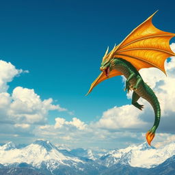 A majestic dragon soaring through a clear blue sky, its scales shimmering with iridescent shades of green and gold