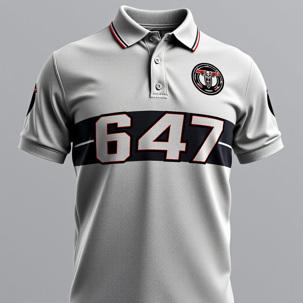 Grey polo shirt with the number 647 prominently displayed, inspired by the Power Rangers SPD uniform, featuring bold and futuristic design elements