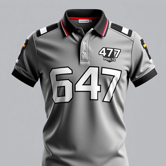 Grey polo shirt with the number 647 prominently displayed, inspired by the Power Rangers SPD uniform, featuring bold and futuristic design elements