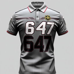 Grey polo shirt with the number 647 prominently displayed, inspired by the Power Rangers SPD uniform, featuring bold and futuristic design elements