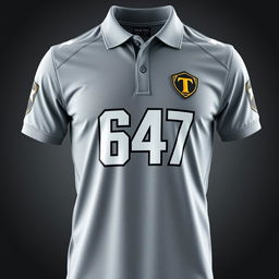 Grey polo shirt with the number 647 prominently displayed, inspired by the Power Rangers SPD uniform, featuring bold and futuristic design elements