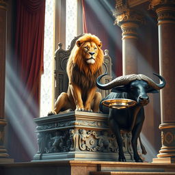 A majestic lion sits confidently atop a throne made of intricately carved stone in a stunning royal palace setting