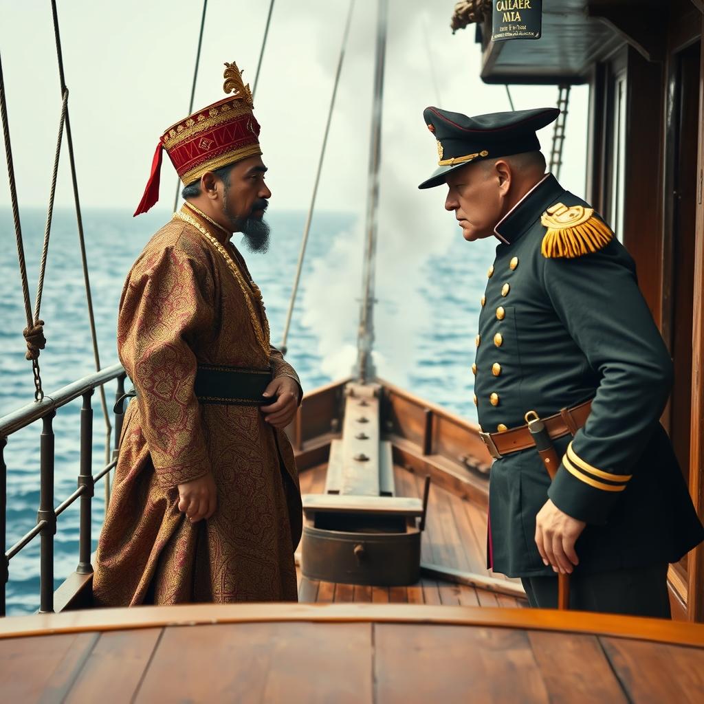 A dramatic scene set on a 19th-century steamship, depicting a Malay Sultan and an English warden facing each other near the prow