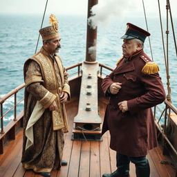 A dramatic scene set on a 19th-century steamship, depicting a Malay Sultan and an English warden facing each other near the prow