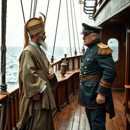 A dramatic scene set on a 19th-century steamship, depicting a Malay Sultan and an English warden facing each other near the prow