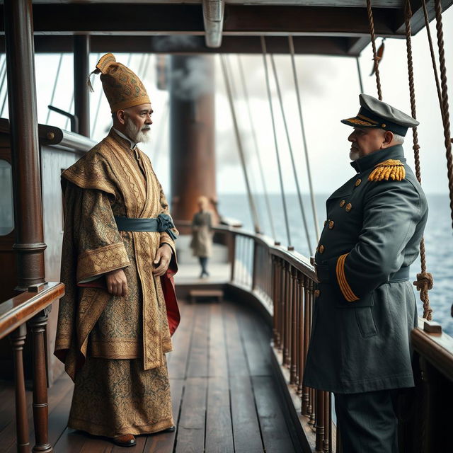 A dramatic scene set on a 19th-century steamship, depicting a Malay Sultan and an English warden facing each other near the prow