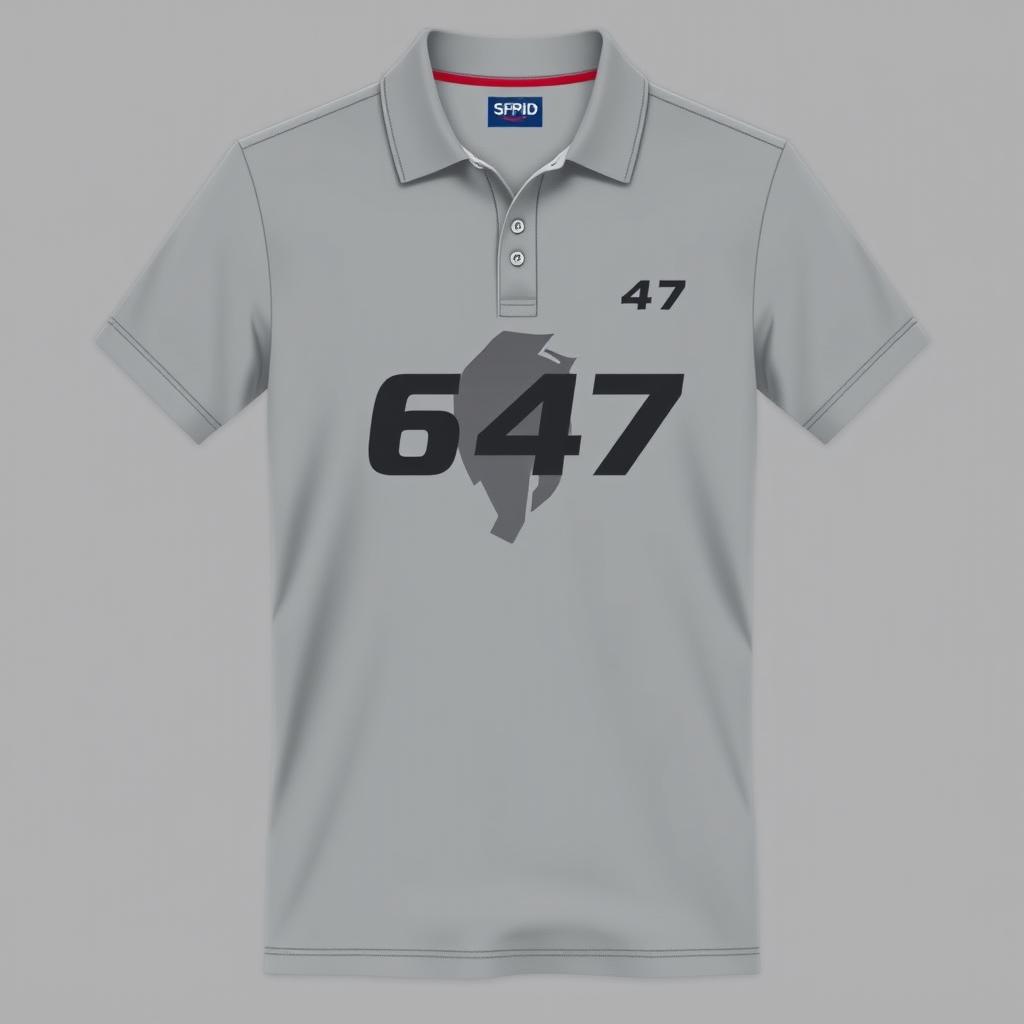 Grey polo shirt featuring a silhouette style number 647, inspired by the Power Rangers SPD aesthetic