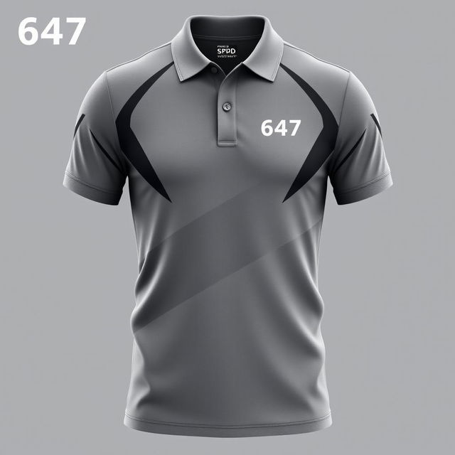 Grey polo shirt featuring a silhouette style number 647, inspired by the Power Rangers SPD aesthetic