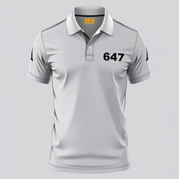 Grey polo shirt featuring a silhouette style number 647, inspired by the Power Rangers SPD aesthetic