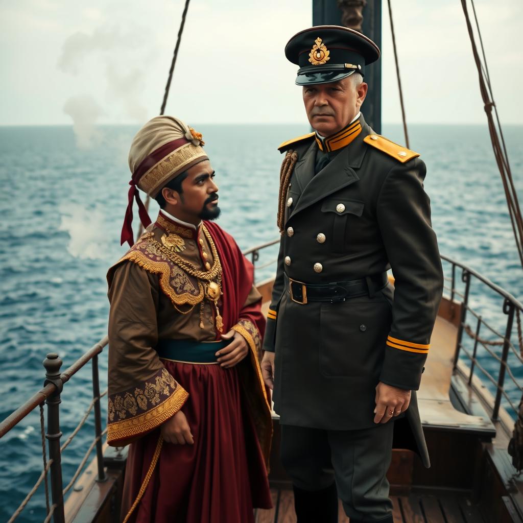 A dramatic scene set on a 19th-century steamship, depicting a Malay Sultan wearing a traditional songkok on his head and dressed in authentic Malay attire, showcasing intricate details and vibrant colors indicative of his noble heritage