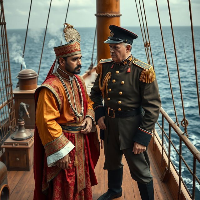 A dramatic scene set on a 19th-century steamship, depicting a Malay Sultan wearing a traditional songkok on his head and dressed in authentic Malay attire, showcasing intricate details and vibrant colors indicative of his noble heritage