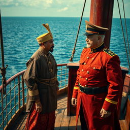 A dramatic scene set on a 19th-century steamship, depicting a Malay Sultan wearing a traditional songkok on his head and dressed in authentic Malay attire, showcasing intricate details and vibrant colors indicative of his noble heritage