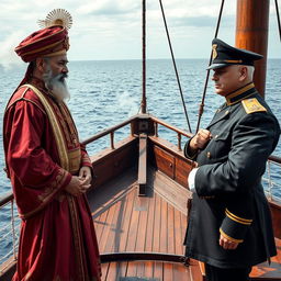 A dramatic scene set on a 19th-century steamship, depicting a Malay Sultan wearing a traditional songkok on his head and dressed in authentic Malay attire, showcasing intricate details and vibrant colors indicative of his noble heritage