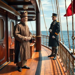 A dramatic scene on a 19th-century steamship, featuring a Malay Sultan standing near the prow and facing an English warden