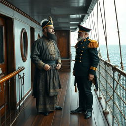 A dramatic scene on a 19th-century steamship, featuring a Malay Sultan standing near the prow and facing an English warden