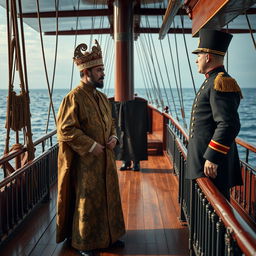 A dramatic scene on a 19th-century steamship, featuring a Malay Sultan standing near the prow and facing an English warden