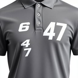 Grey polo shirt featuring a vertical silhouette of the number 647 on the left side from top to bottom, inspired by the Power Rangers SPD design