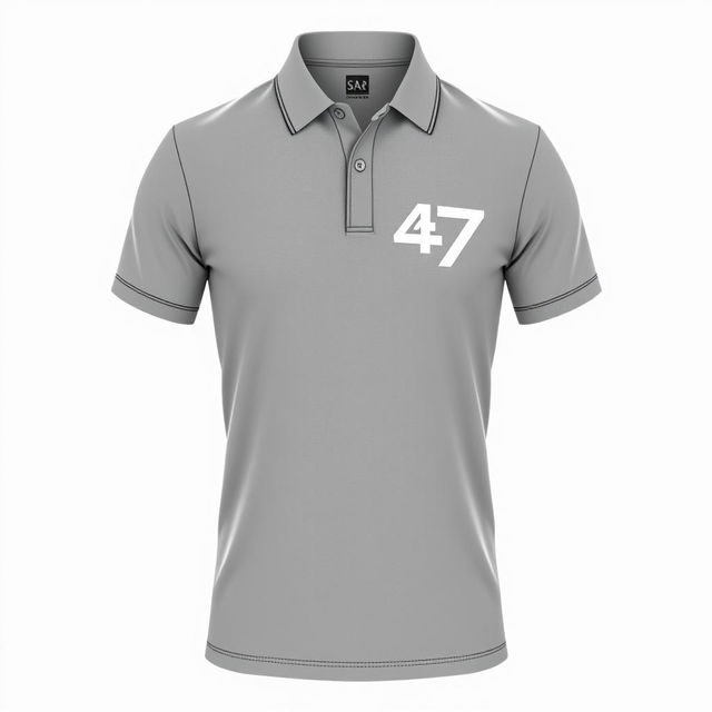 Grey polo shirt featuring a vertical silhouette of the number 647 on the left side from top to bottom, inspired by the Power Rangers SPD design