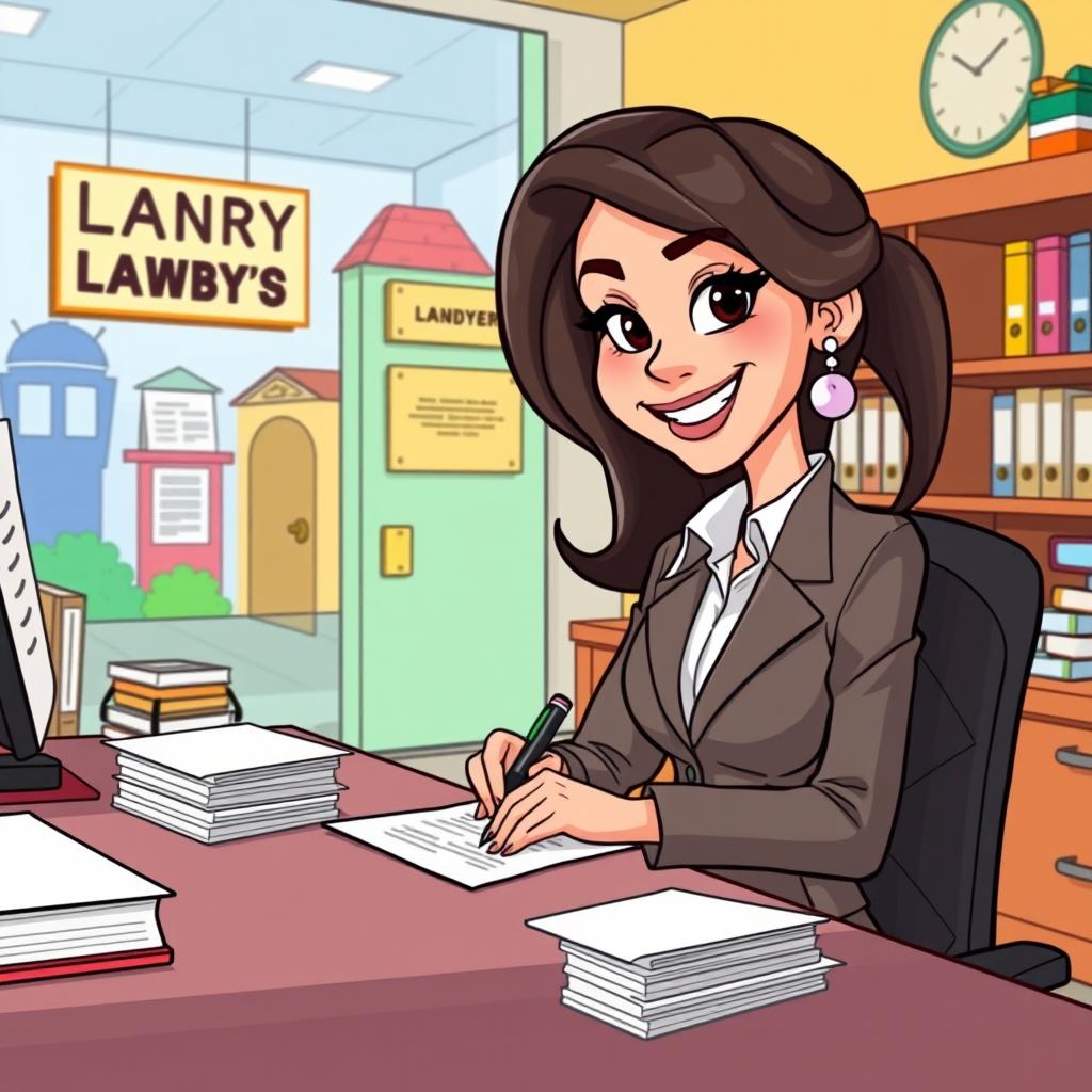 A cartoon depiction of the woman lawyer character from the previous image, now sitting at a desk in a colorful, animated land registry office