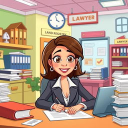 A cartoon depiction of the woman lawyer character from the previous image, now sitting at a desk in a colorful, animated land registry office