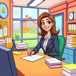 A cartoon depiction of the woman lawyer character from the previous image, now sitting at a desk in a colorful, animated land registry office